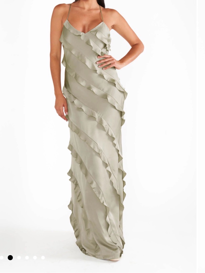 Show Me Your Mumu Sage Green Satin Ruffle Maxi Dress